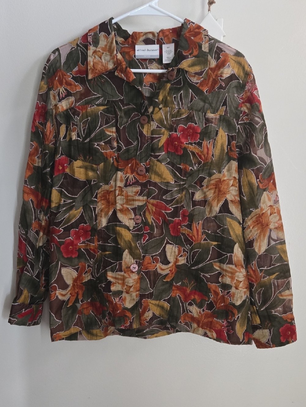 Alfred Dunner Olive Lace And Multi Floral Button-Down Shirt